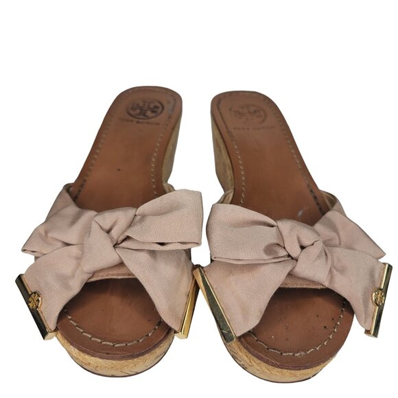 Tory Burch penny Leather Sole cork Wedge Sandals Bow Detail Size 6.5 Light Brown - Picture 12 of 12